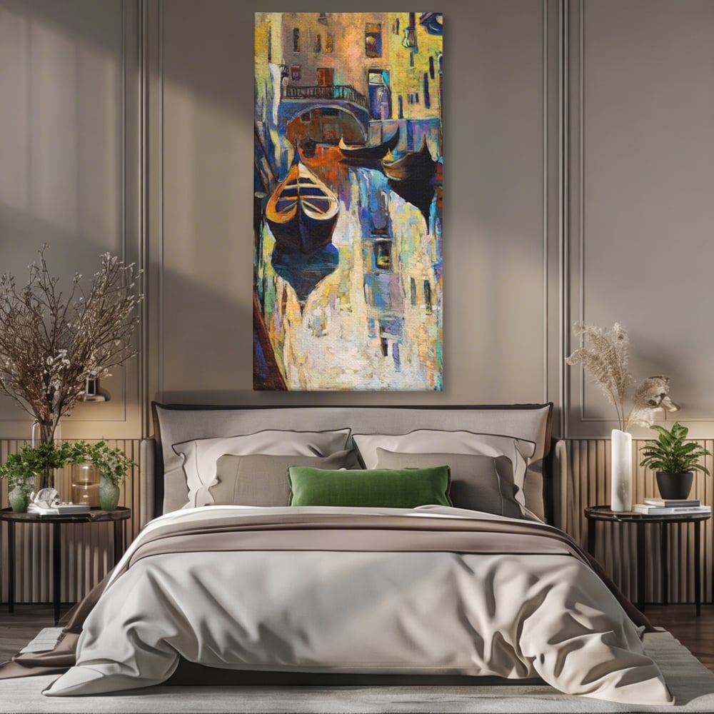 Tablou canvas cu pictura canvas cu gondole in venetia, fara rama, pe sasiu de lemn, pe perete intr-un dormitor